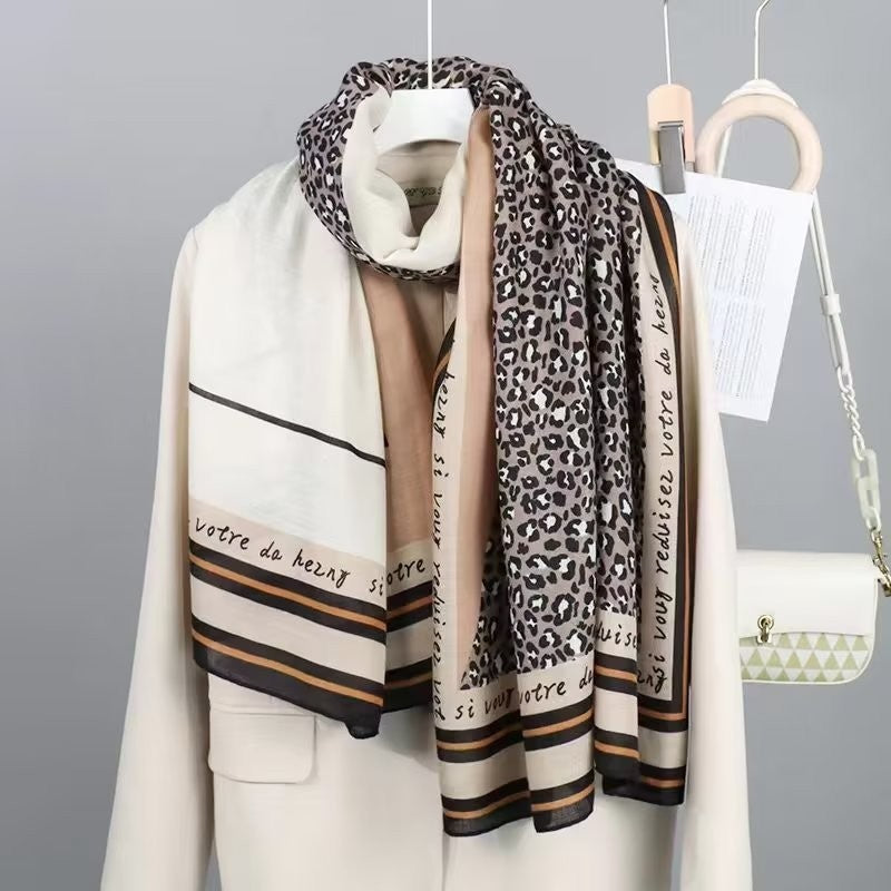 Beige Leopard Script Stripe Scarf Shawl Wrap Cotton Feel
