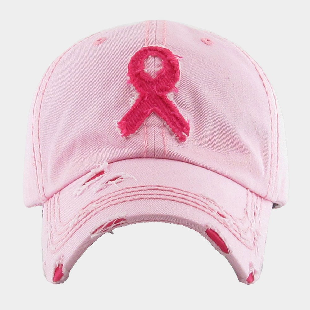 Pink Ribbon Accented Vintage Style Women’s Adjustable Cotton Baseball Cap Hat