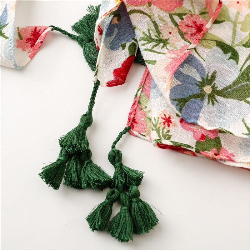 Floral Cotton Viscose Scarf Women Large Soft Shawl Tassel Spring Wrap 71" x 35"