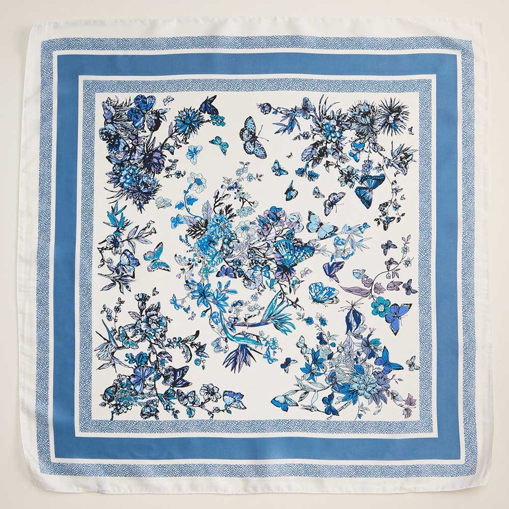 Blue Butterfly Flower Garden Print Square Silky Satin Scarf 25x25