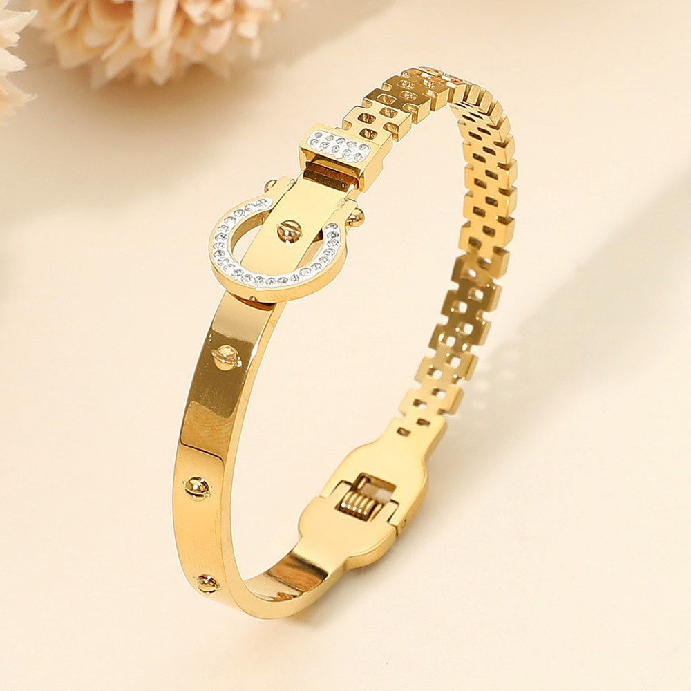 Gold Stainless Steel Horseshoe Buckle Hinged Bangle Bracelet for Women Gift