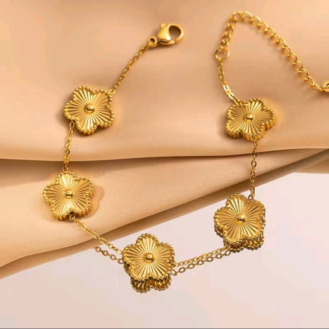 2pcs Gold Silver Clover Charm Bracelet Set Stainless Steel Adjustable Jewelry