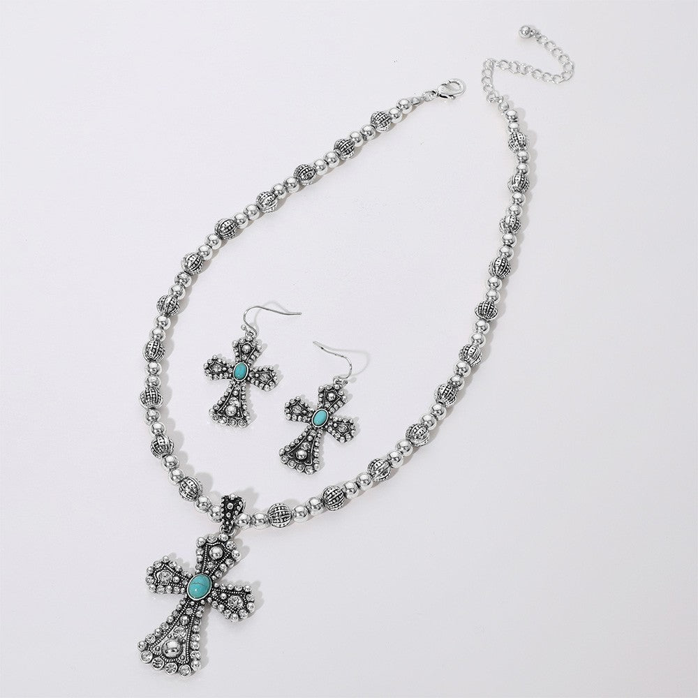 Turquoise Cross Pendant Necklace for Women Antique Silver Chain with Glass Stone