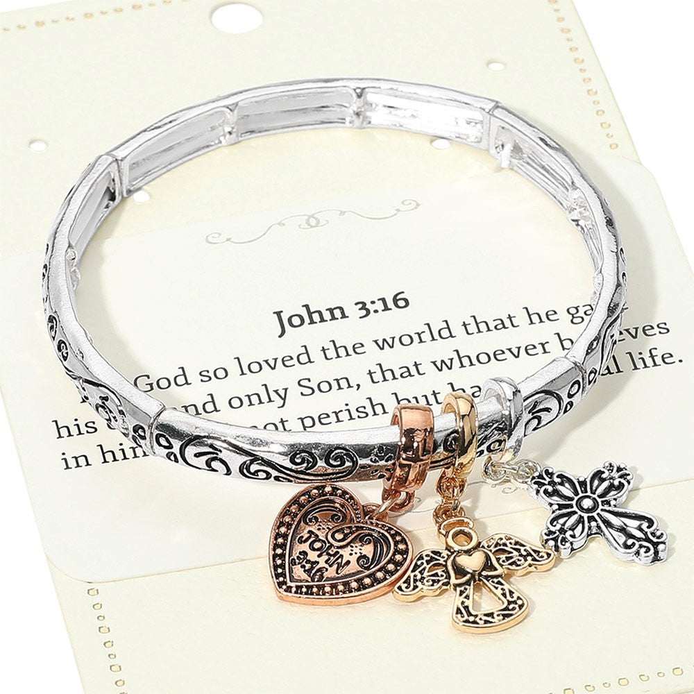 John 3:16 Stretch Bracelet Silver Tone Heart Angel Cross Charms Christian Gift