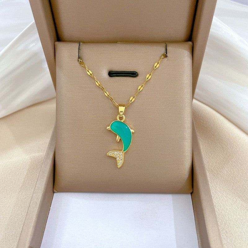 Women’s Gold Tone Dolphin Necklace Dainty Turquoise Enamel Pendant Charm