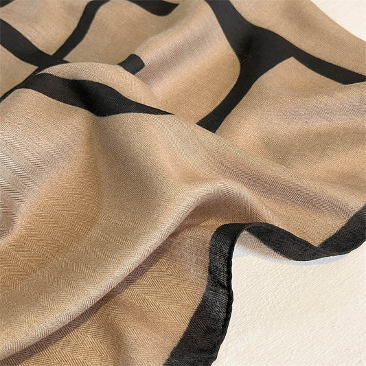 Luxury Tan Black Geometric Pattern Shawl Scarf Wrap Oversized Cashmere Feel