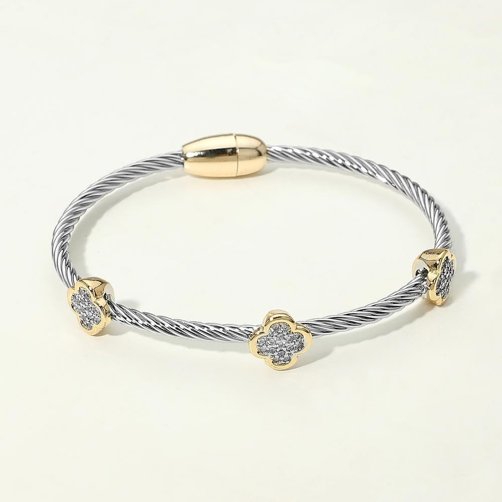 Silver Twisted Cable Wire Bangle Clover Charm Gold Magnetic Clasp 0.3" H 2.3" D