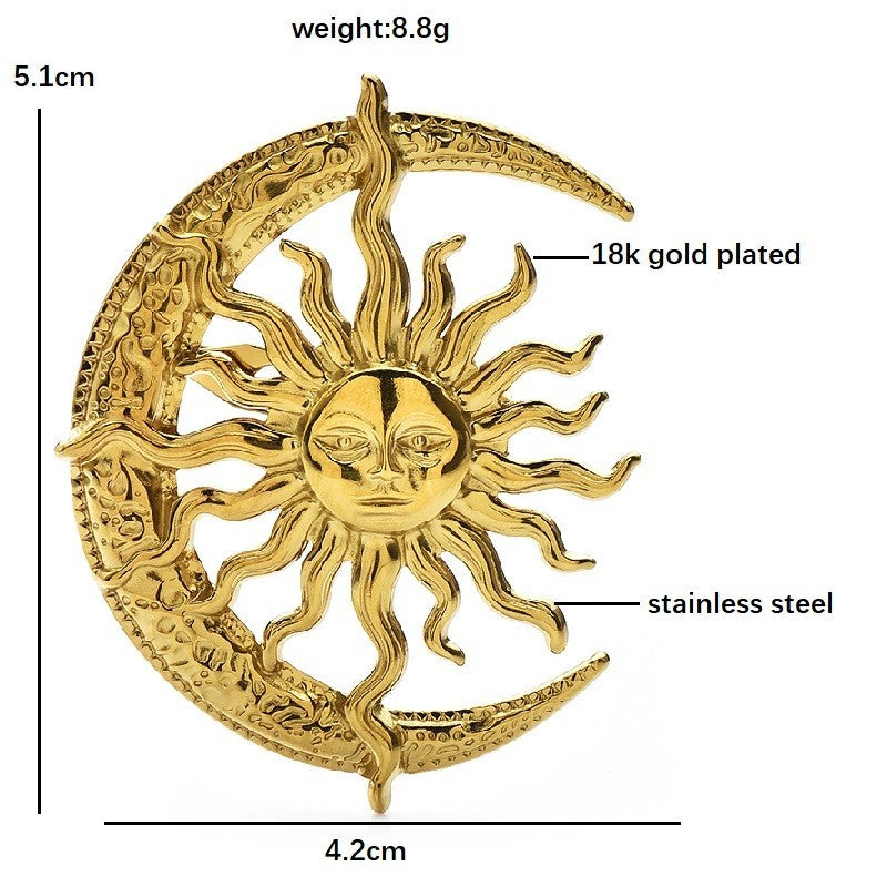 2pcs Sun Moon Brooch Celestial Stainless Steel 18k Gold Plated Pin Set
