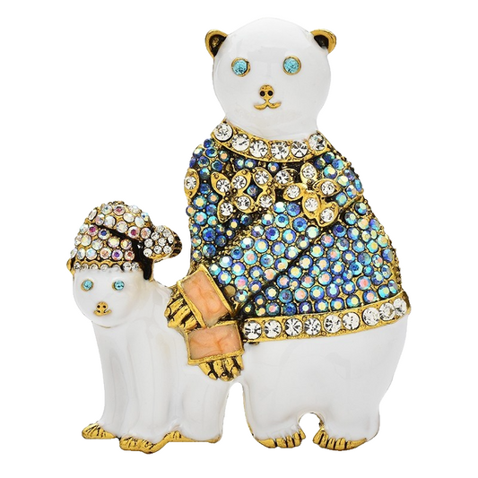 Large Polar Bear Puppy Crystal Brooch Pin Blue Enamel Winter Animal Jewelry Gift