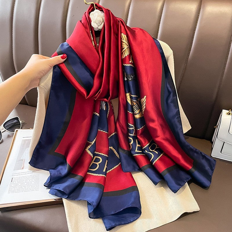 Equestrian Heraldic Crest Print Scarf Shawl 70.9"x35.4" Red Blue Gold New