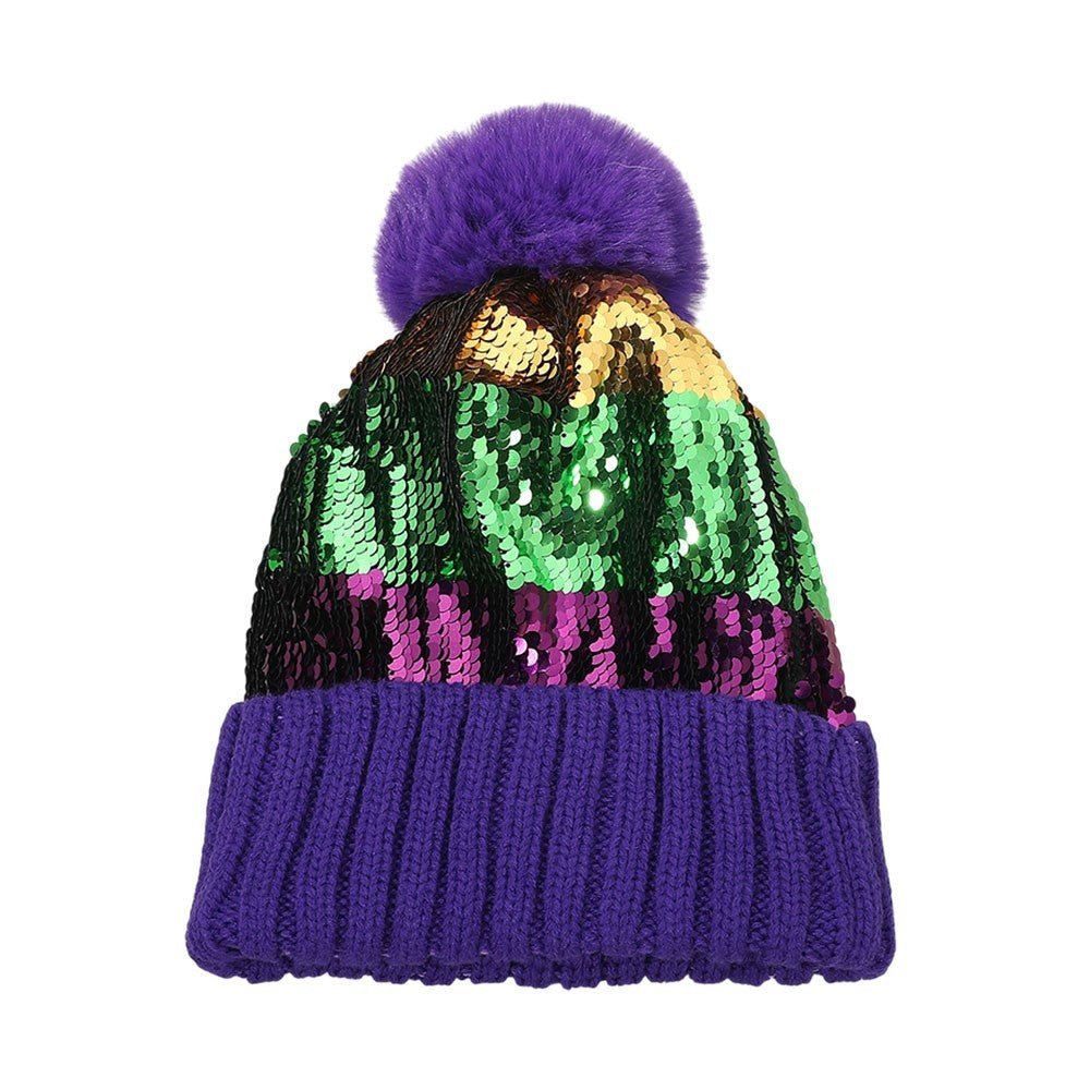 Mardi Gras Beanie Sequin Purple Green Gold Pom Pom Winter Hat Party Costume