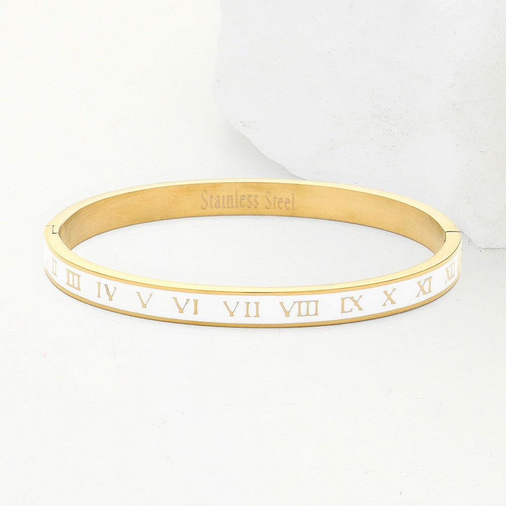 Roman Numeral Enamel Stainless Steel Hinged Bangle Bracelet for Women