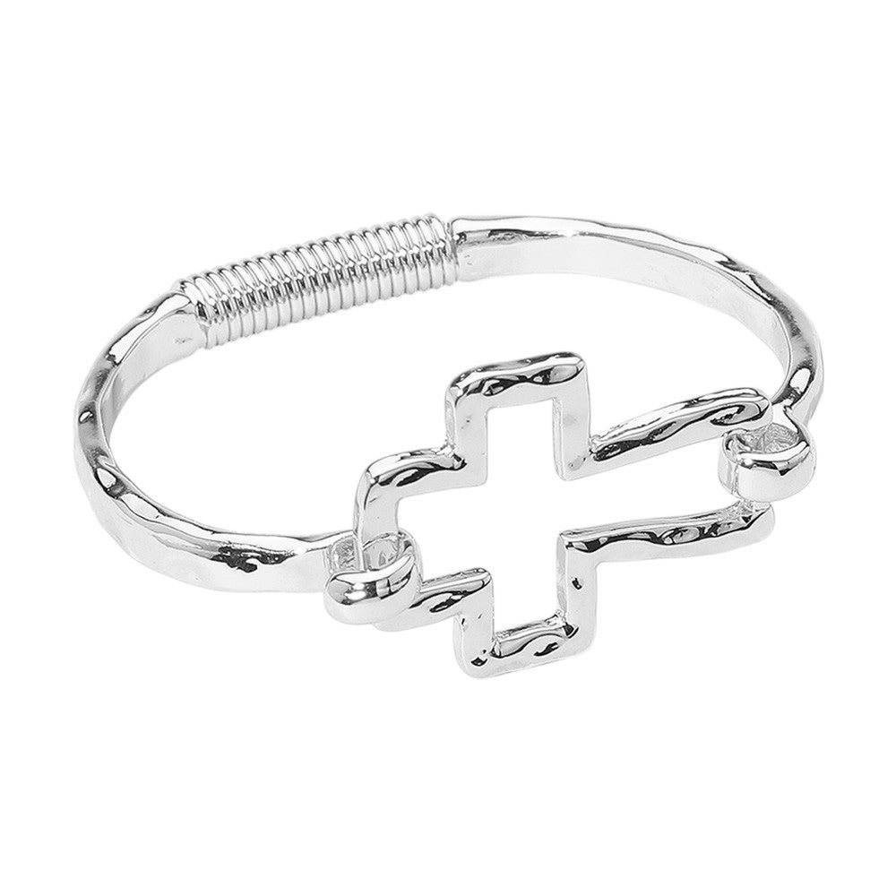 Hammered Silver Tone Open Cross Pointed Hinged Bangle Bracelet for Women