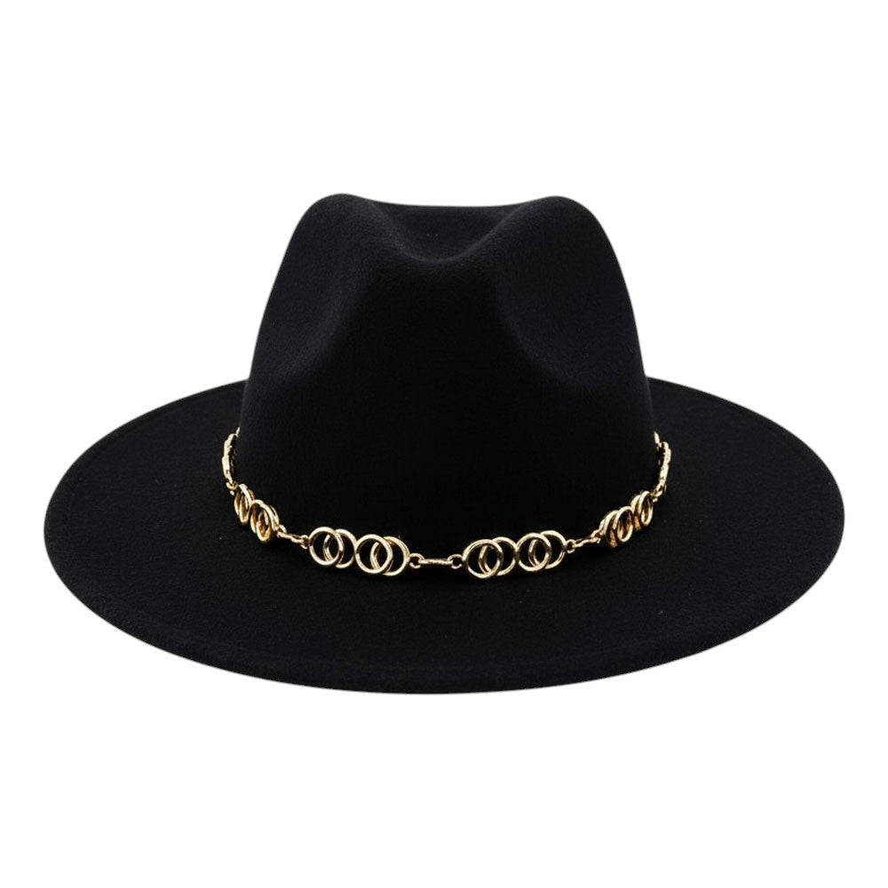 Western Fedora Hat Womens Polyester Black with Decorative Chain Accent Wide-Brim