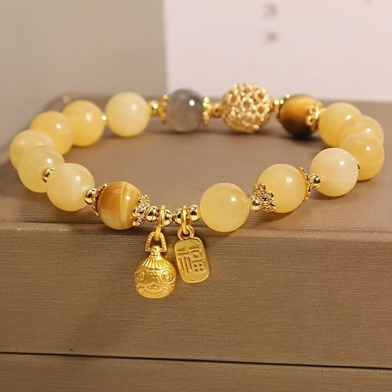 Yellow Jade Tiger Eye Beaded Bracelet Fu Good Fortune Charm 7.09in Gift