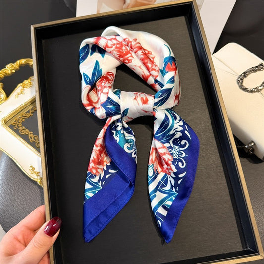 Elegant Floral Square Scarf White Red Rose Blue Baroque Satin Neckerchief Bandan