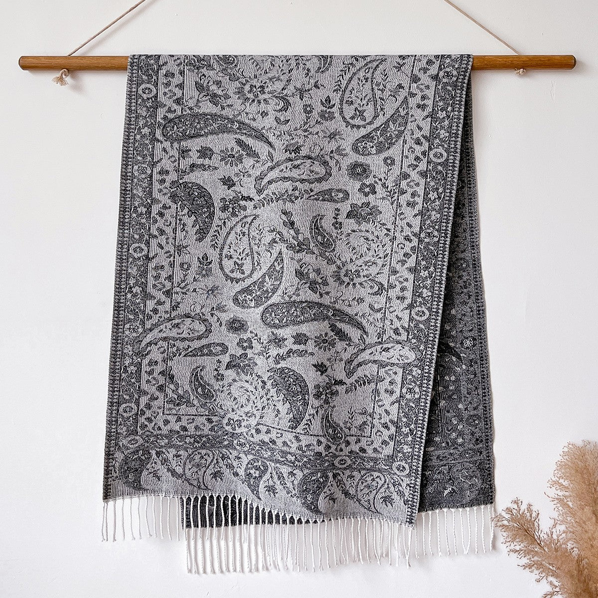 Oversized Black Gray Paisley Shawl Wrap Scarf Reversible Fringed Winter