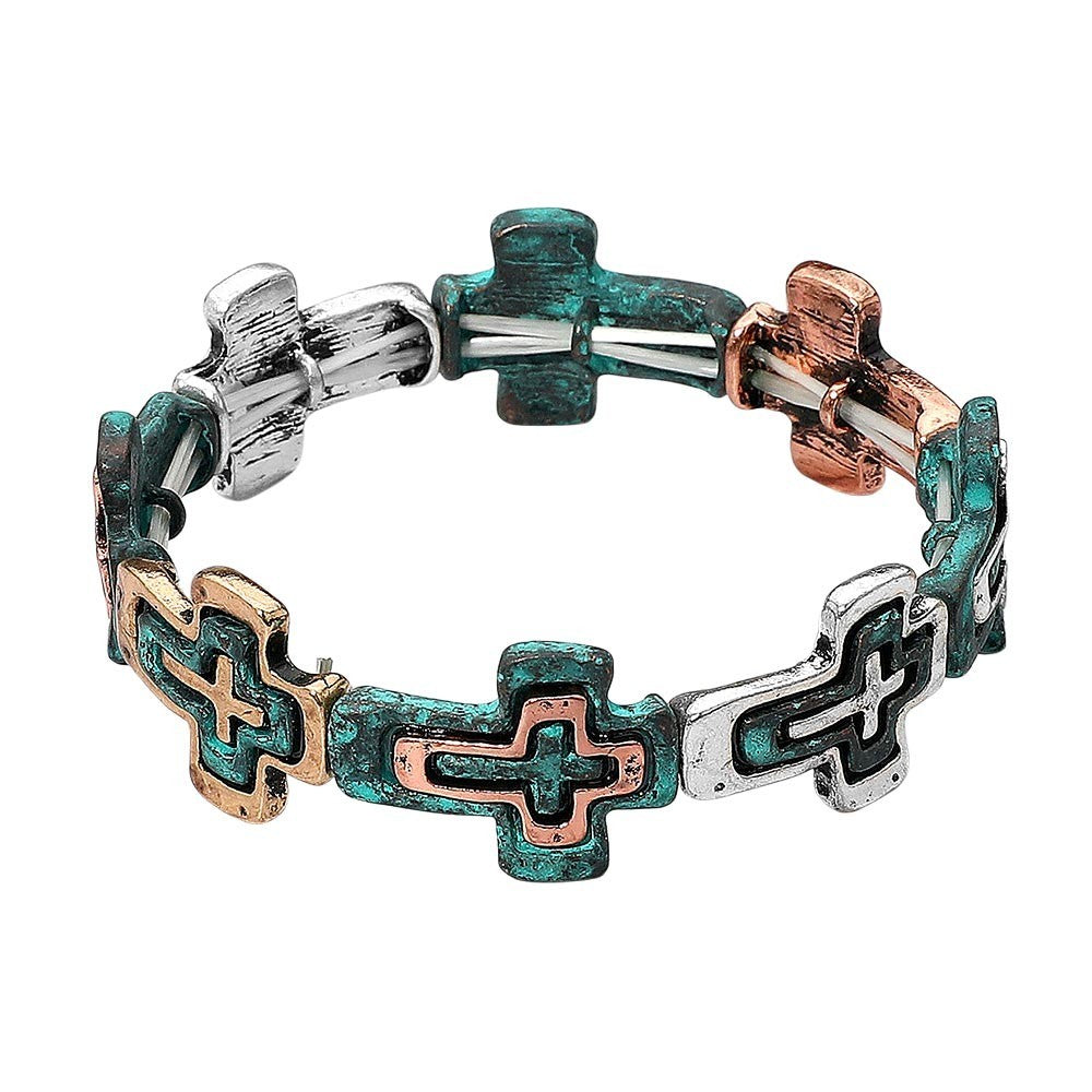 Western Boho Vintage Metal Cross Beaded Stretch Bracelet Faith Jewelry