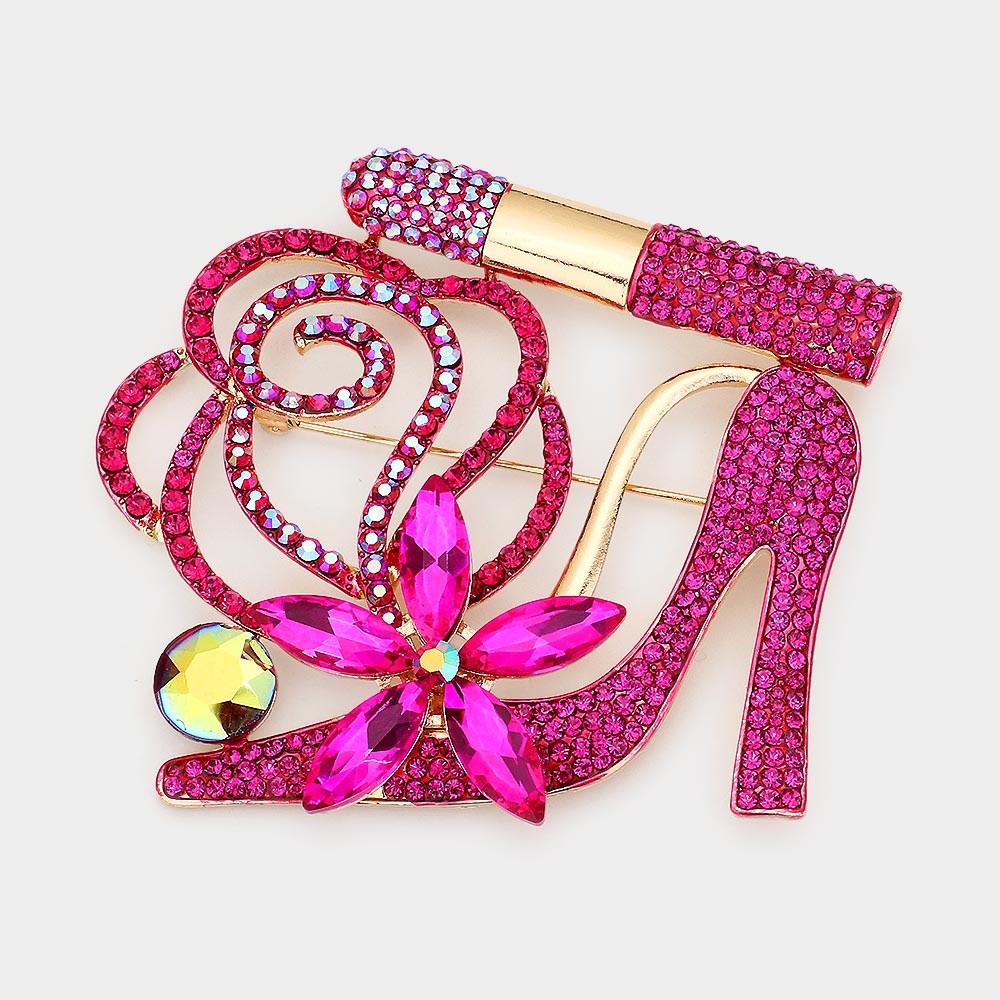 Dazzling Pink Rhinestone High Heel and Lipstick Brooch Pin with Floral Accent