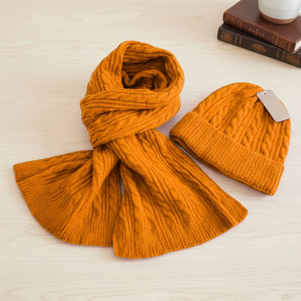 Cozy Cable Knit Scarf Beanie Set Winter Hat Warm Acrylic Polyester Orange