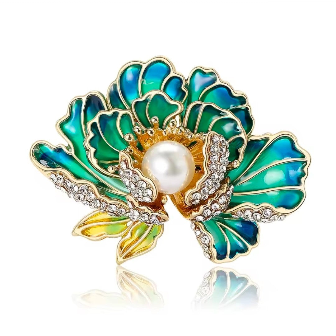 2pcs Enamel Flower Brooch Set Pink Turquoise Pearl Crystal Peony Floral Pin