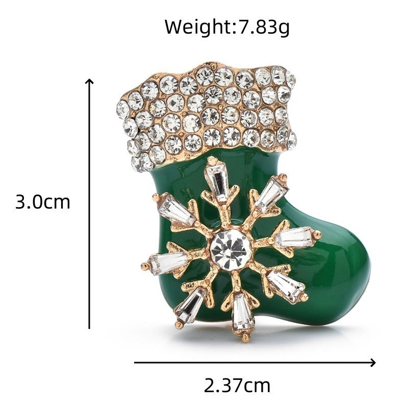 2pc Christmas Stocking Brooch Pin Set Rhinestone Crystal Snowflake Green Red
