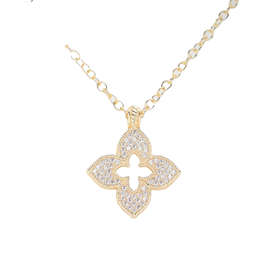 Gold Clover Quatrefoil Pave Rhinestone Pendant Necklace Elegant Fashion Jewelry