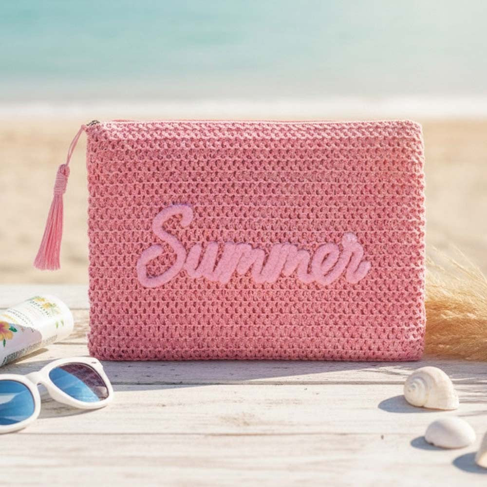 Pink Woven Straw Summer Pouch Tassel Zipper Clutch Beach Vacation Makeup Bag