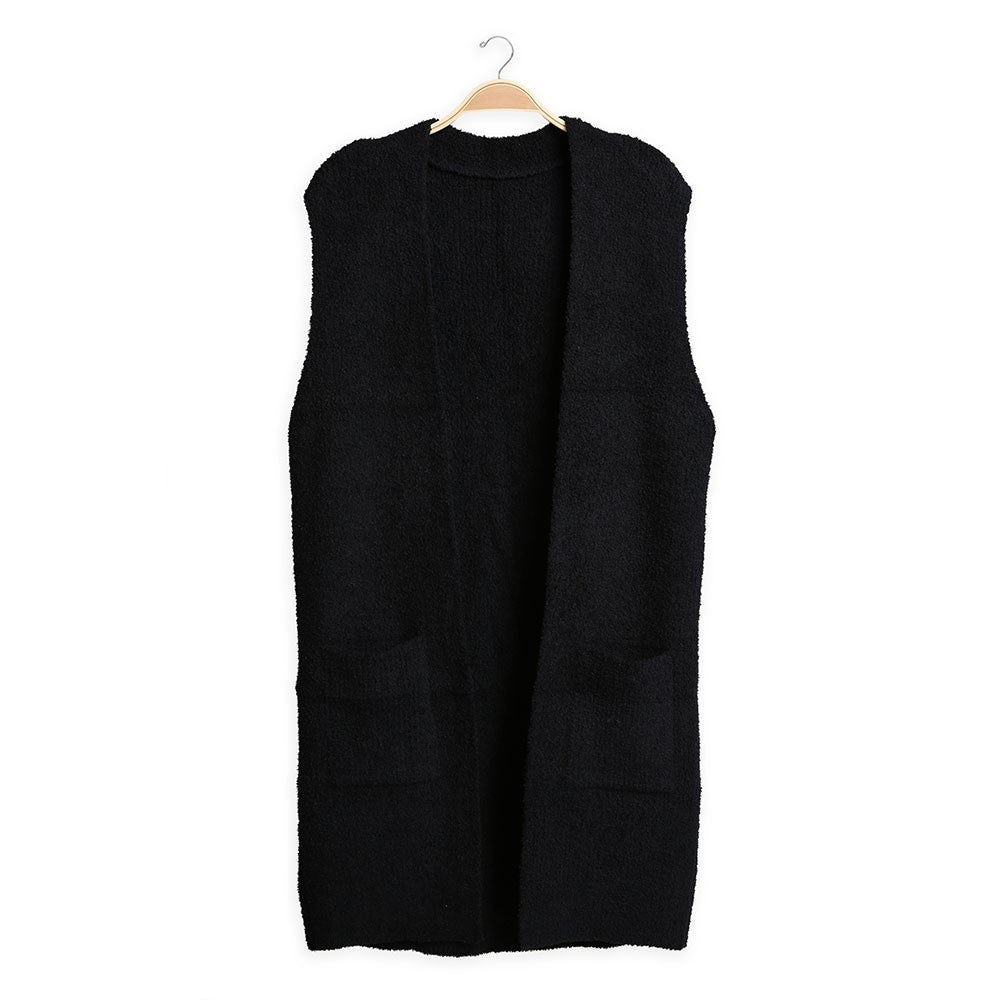 Women's Solid Color Open Front Long Sleeveless Vest Cozy Textured Relaxed Black