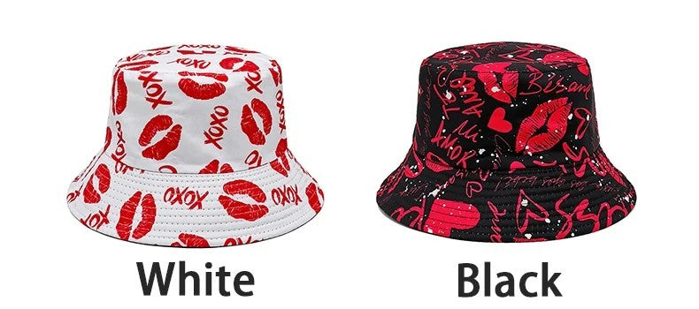 2X Reversible Bucket Hat Set Lips XOXO Graffiti Print Black White Unisex Y2K