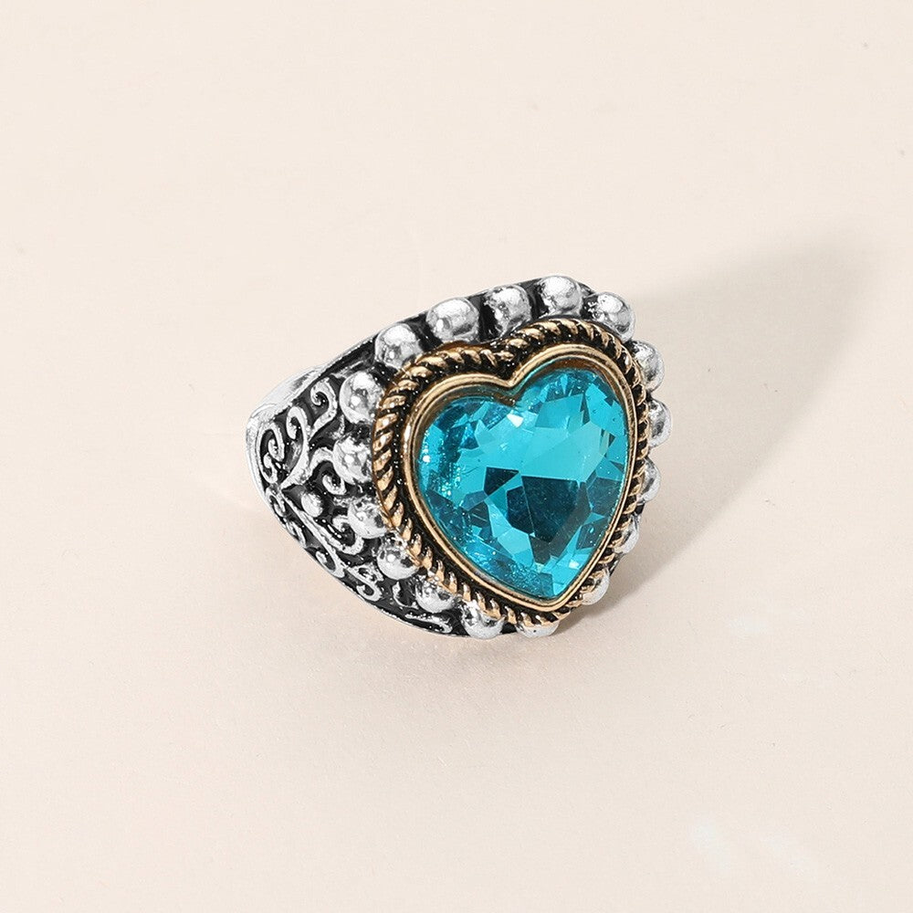 Antique Metal Heart Stone Stretch Ring for Women Adjustable Vintage Fashion Chic