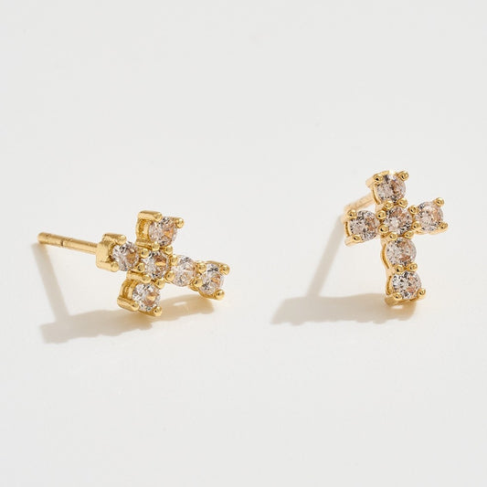 Gold Cubic Zirconia Dainty Cross Stud Earrings - Religious Faith Jewelry Set