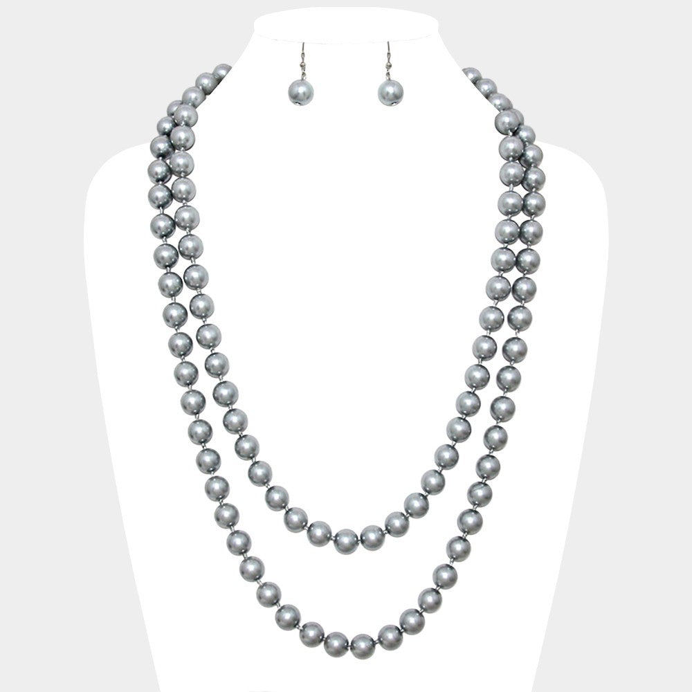 Silver Metal Rhodium Ball Beaded 60-inch Long Necklace & Dangling Earring Set