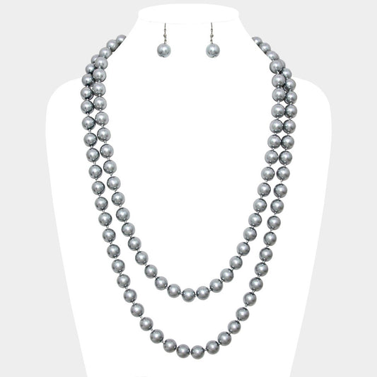 Silver Metal Rhodium Ball Beaded 60-inch Long Necklace & Dangling Earring Set