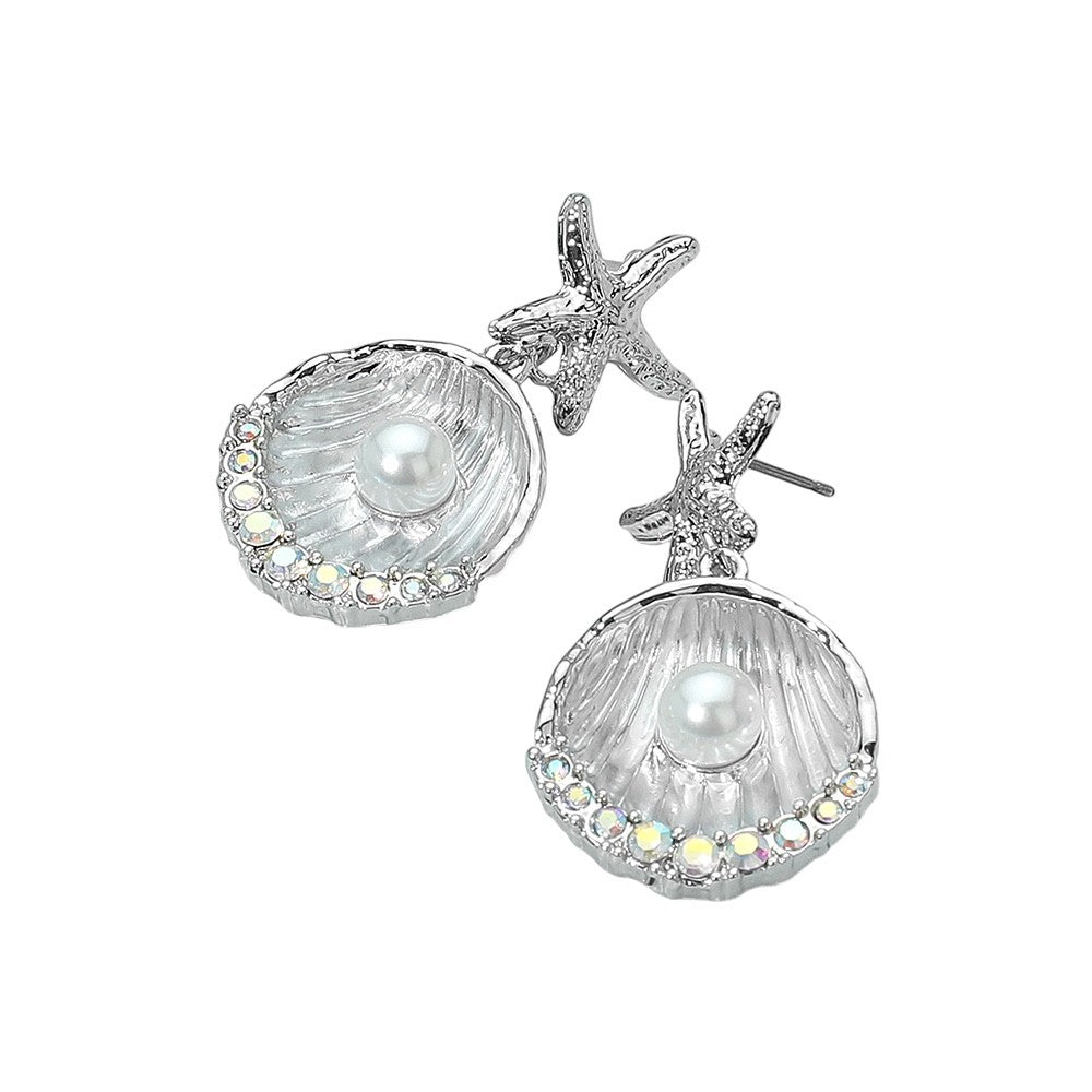 Silver Starfish & Pearl Shell Drop Earrings - Coastal Mermaid Statement Jewelry