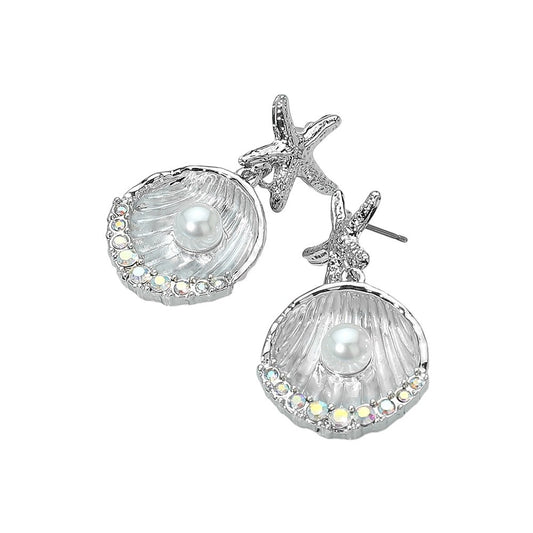 Silver Starfish & Pearl Shell Drop Earrings - Coastal Mermaid Statement Jewelry