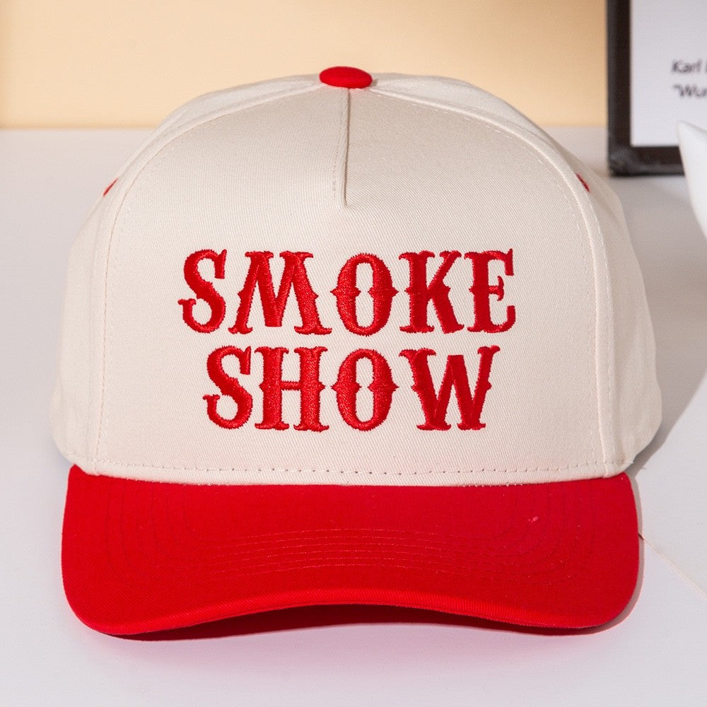 Smoke Show Red and Cream Two Tone Embroidered Snapback Trucker Hat Baseball Cap