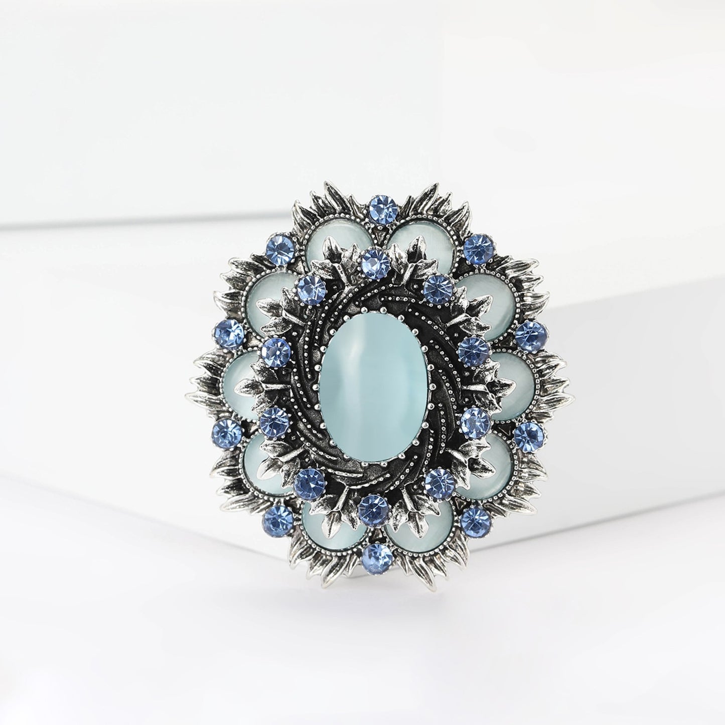 2PC Vintage Cameo Cat's Eye Brooch Lot: Victorian-Style Pin & Opalite Rhinestone