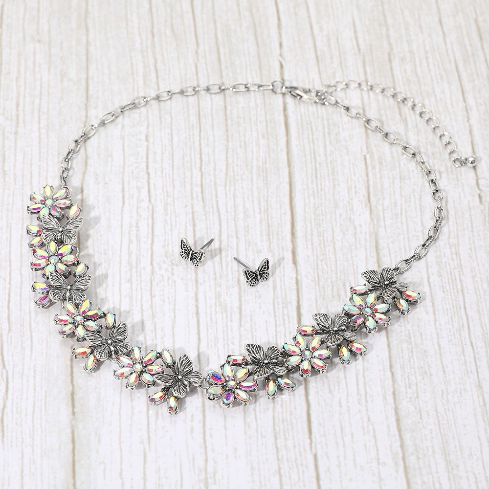 Boho Floral Butterfly Link Necklace & Butterfly Earrings for Women Silver Tone