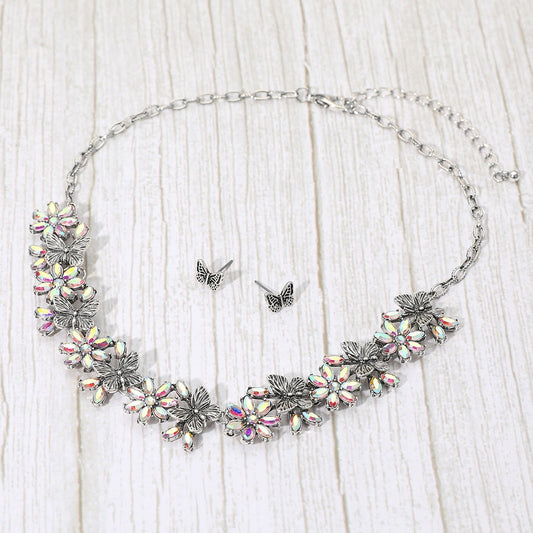 Boho Floral Butterfly Link Necklace & Butterfly Earrings for Women Silver Tone