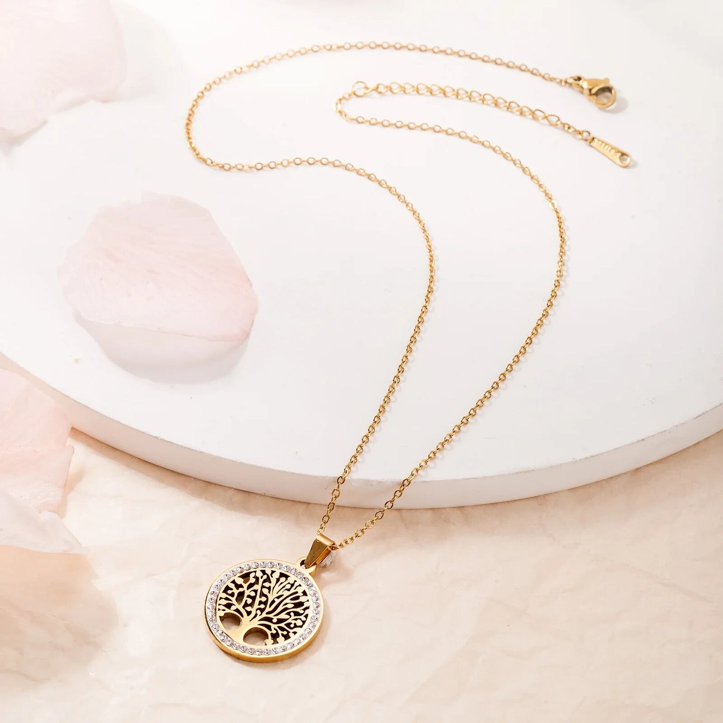 Gold Color Tree of Life Necklace for Women Stainless Steel Zircon Pendant Gift