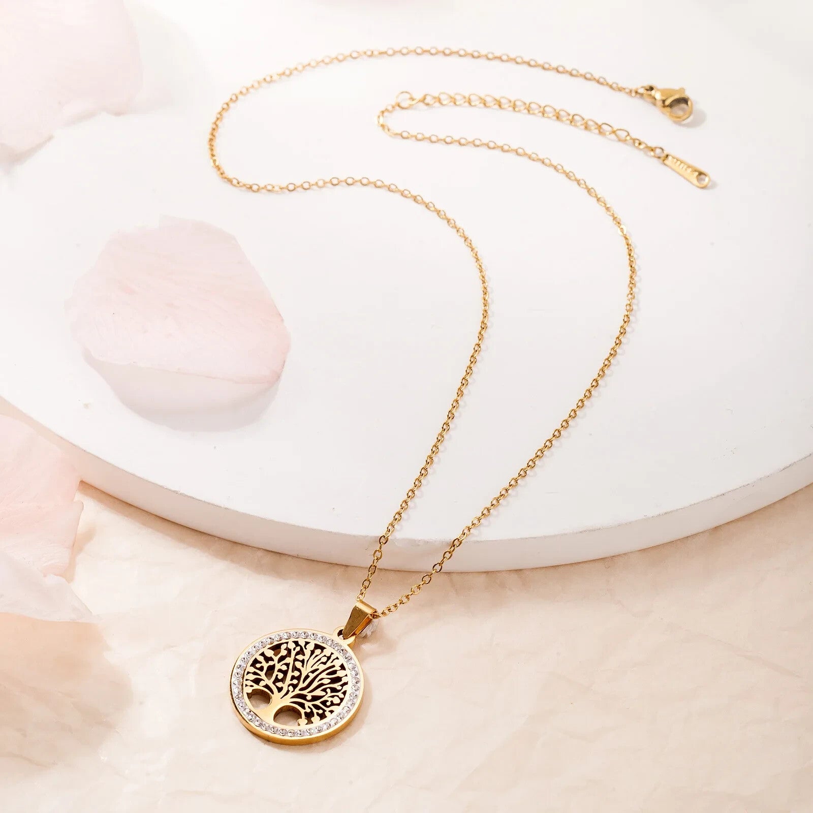 Gold Color Tree of Life Necklace for Women Stainless Steel Zircon Pendant Gift