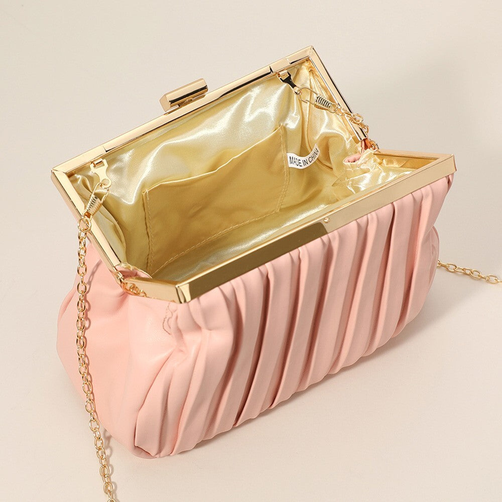 Pleated Satin Clutch Bag Pink Gold Chain Purse for Women Elegant Evening Handbag