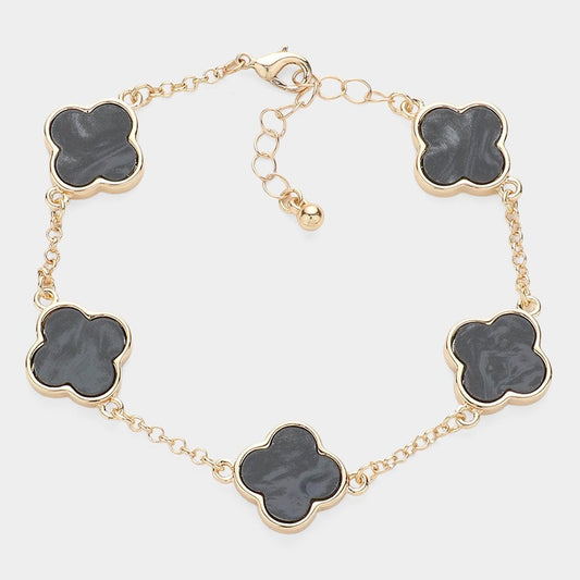 Black Mother of Pearl Quatrefoil Station Bracelet for Women Gold Tone Chain