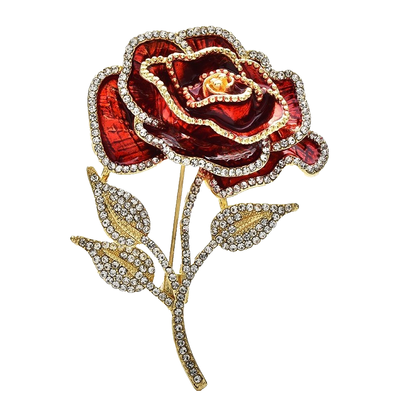 Red Enamel Rose Brooch Pin Crystal Rhinestone Flower Corsage Gift for Her