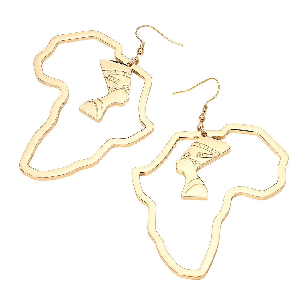 Gold Nefertiti Africa Map Hoop Earrings - Egyptian Queen Statement Jewelry