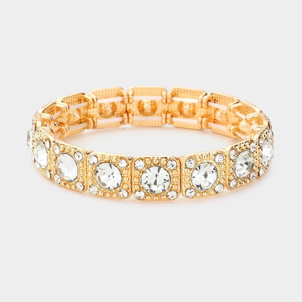 Gold Square Crystal Rhinestone Tile Stretch Bracelet Boho Stacking Wrist Jewelry