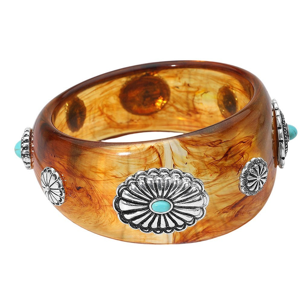 2pcs Resin Bangle Bracelets Amber Beige Faux Turquoise Silver Floral Southwester
