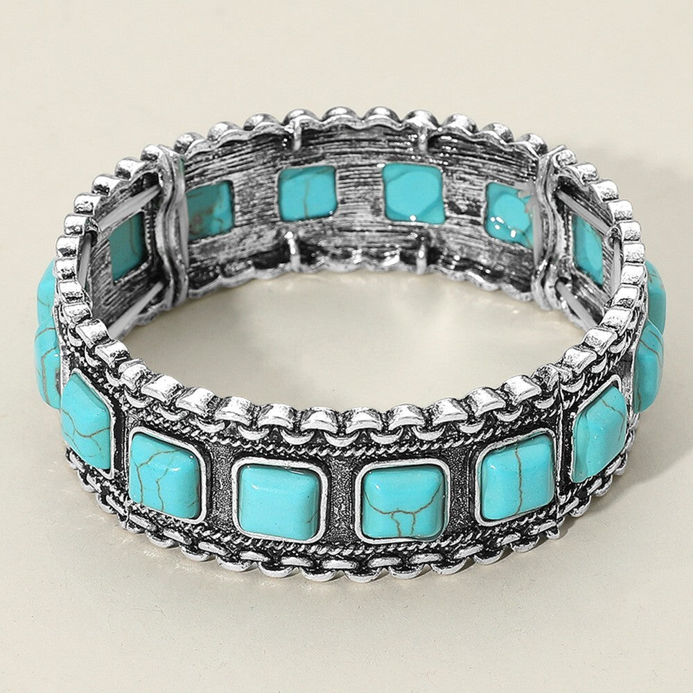 Western Charm Stretch Bracelet Antique Metal with Pink  Color Stones