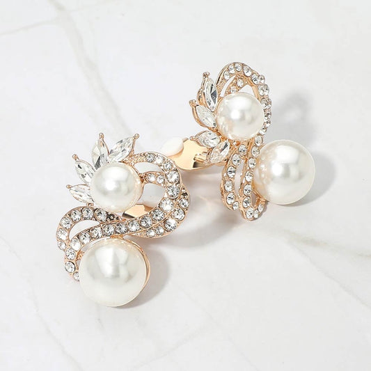 Sparkling Crystal Faux Pearl Floral Ribbon Bow Gold Clip On Statement Earring